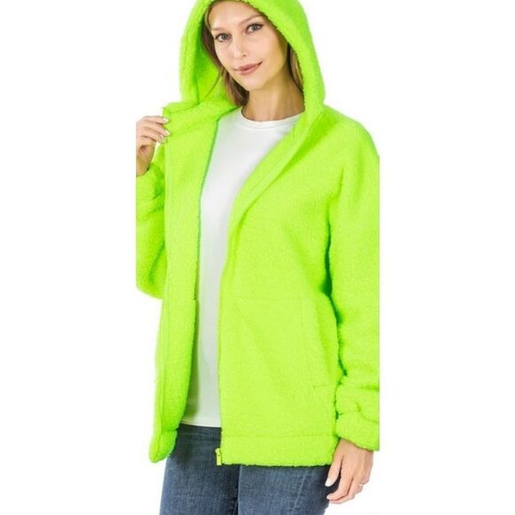 ZENANA NEON LIME SOFT SHERPA HOODED ZIP FRONT JACKET NEW BOUTIQUE ITEM - Picture 1 of 4